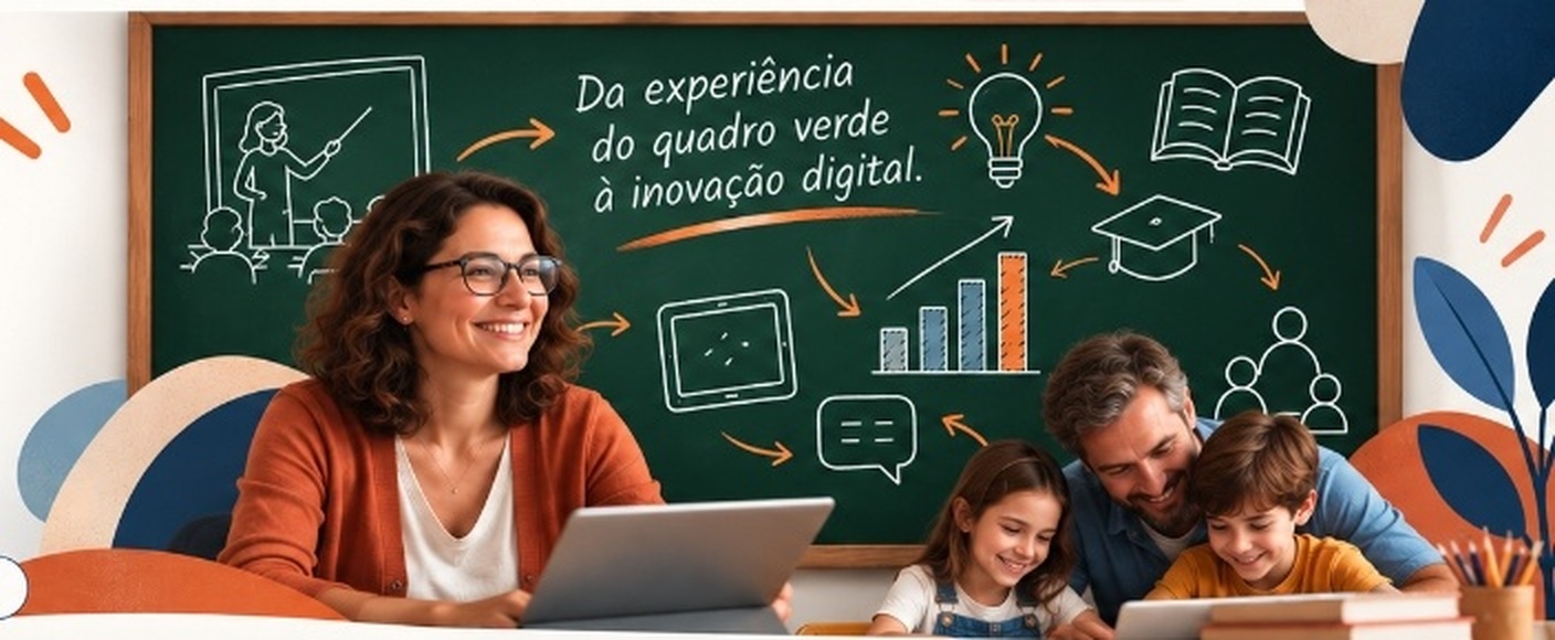 Educadora com tablet, pai e duas crianças diante do quadro verde com a frase: Da experiência do quadro verde à inovação digital