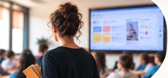 Professora de costas em sala de aula, diante de uma lousa digital, com alunos ao fundo